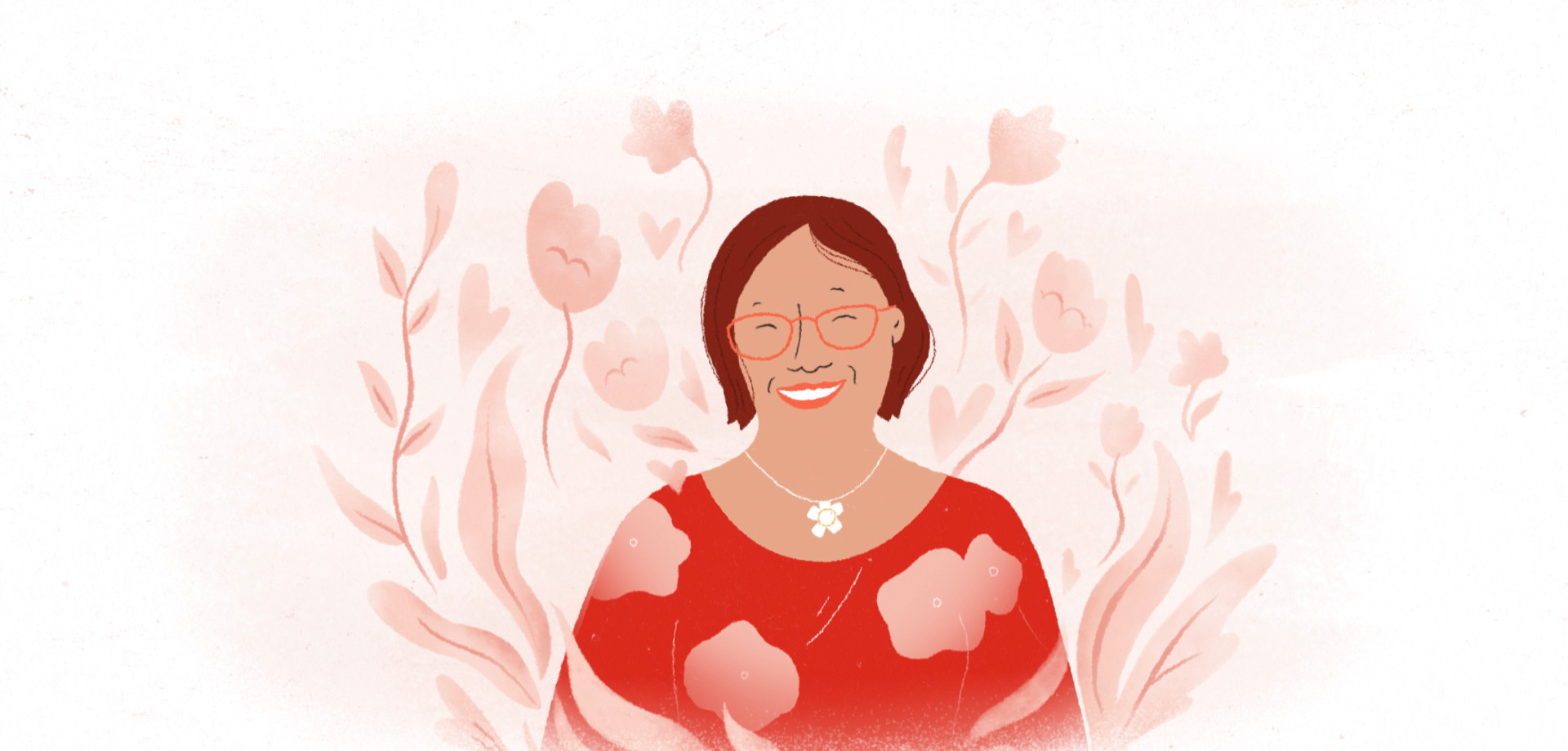 An illustration of a person surrounded by flowers, wearing glasses, a pink flowery outfit and flower necklace.