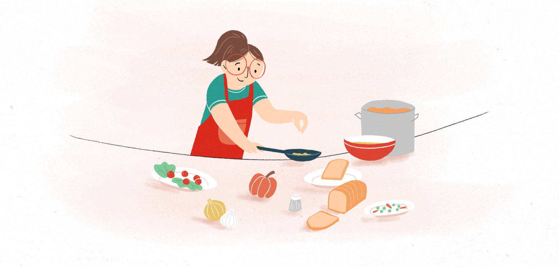An illustration of someone cooking a fancy meal in the kitchen. There's a bit pot on the stove with lots of ingredients ready to go.