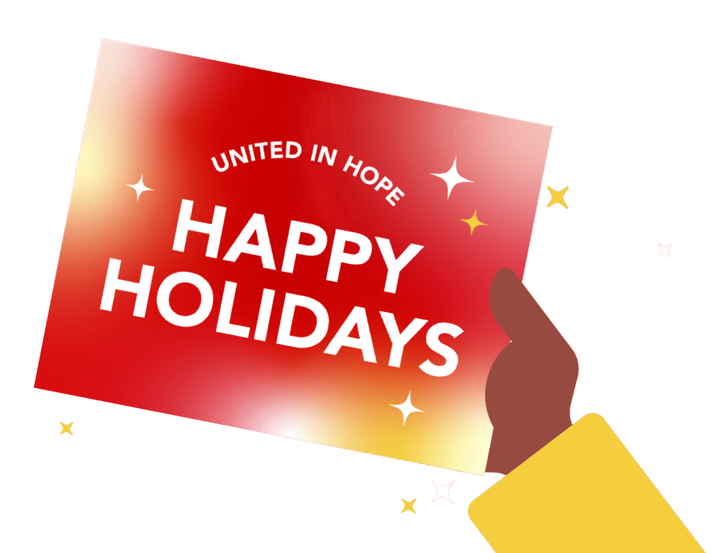 An illustration of a person holding a holiday card.